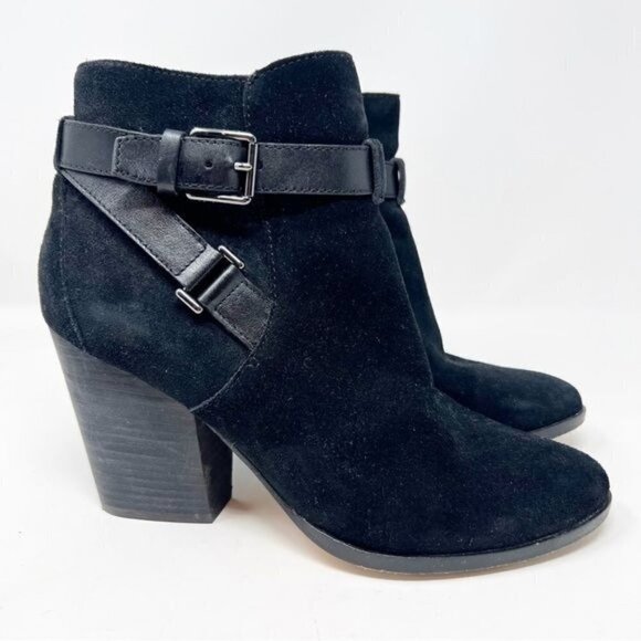 COLE HAAN BLACK SUEDE STRAP DETAIL SIDE ZIP MINNA BOOTIE WOMENS SZ 8.5 - Picture 1 of 9